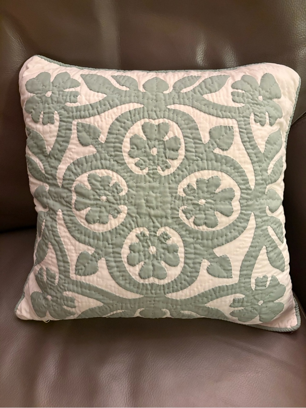 Pottery Barn Hawaiian Mint Green White Quilt-Style Pillow 16"